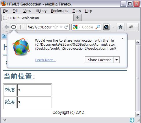 图 1. HTML5 Geolocation 在 Firefox 12.0 中触发隐私保护机制
